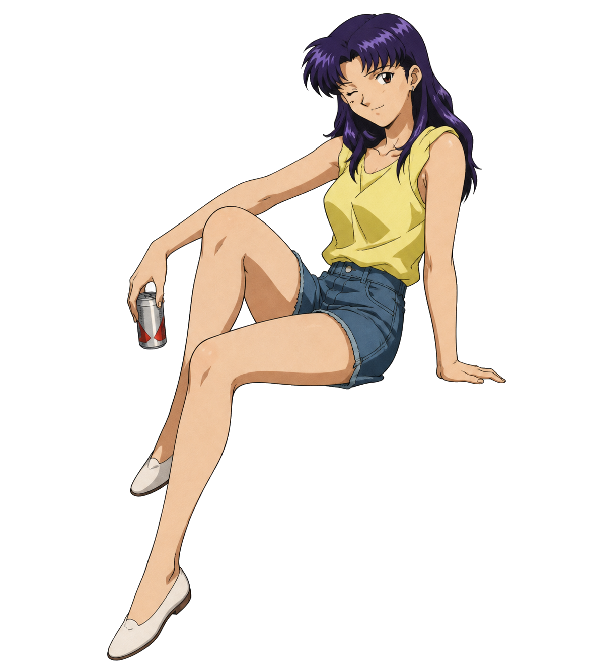 Misato sitting with a drink